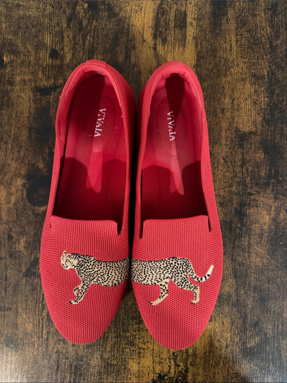 Round toe Red Embroidered Leopard Loafers